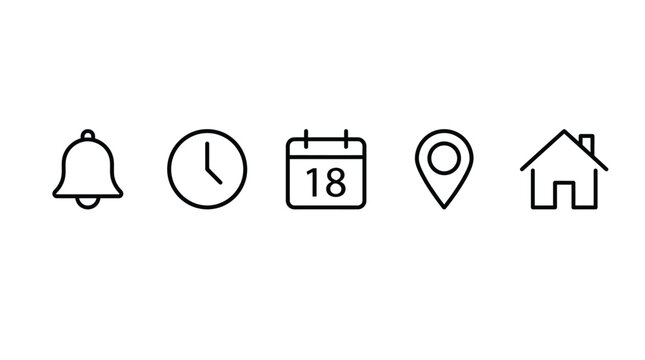 Icons including a notification bell and a clock and a calendar and a location pin and a house are arranged in a line to represent common user interface navigation elements.