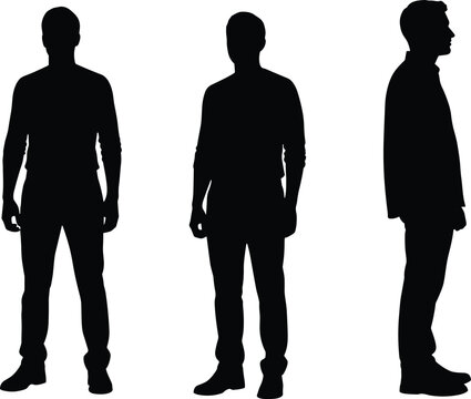 Set of full body man silhouettes in standing poses from front three quarter and profile views isolated on white background
