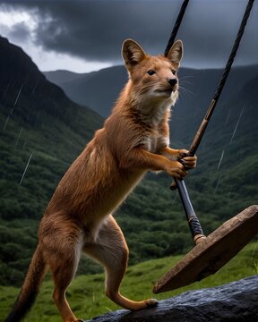A dhole rat genetic hybrid experiment ai-generated, fictional species  in a rune carved glen adjusting rigging