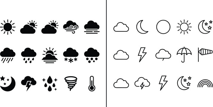 Set of weather forecast icons featuring solid black and thin line styles including sun moon clouds rain and snow for design