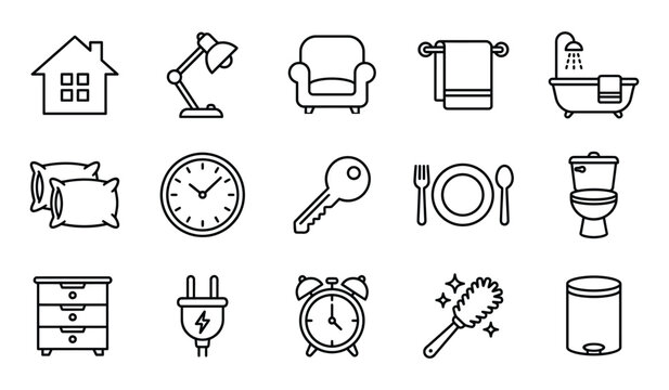 Collection of interior and household icons with interior illustration armchair nightstand furniture bathroom