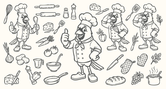 Vector doodle set of Northern Cardinal chef mascots and kitchen tools.