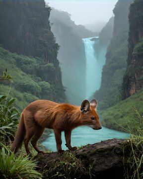 A dhole rat genetic hybrid experiment ai-generated, fictional species  in an eerie hollow ridge with a waterfall background