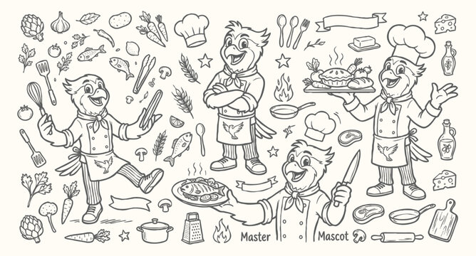 Vector doodle set of osprey chef mascots and kitchen tools.