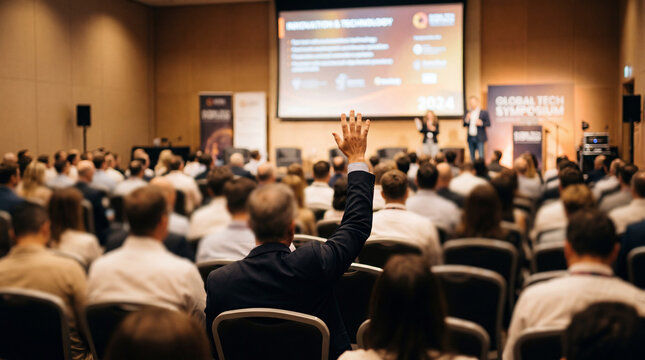 Man raising hand in large business conference hall during leadership symposium presentation
