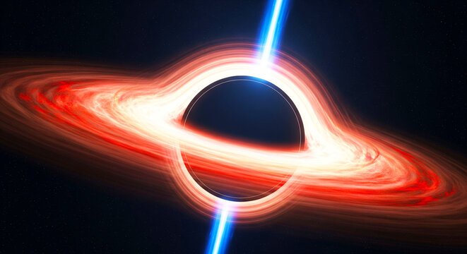 Black hole with swirling red and white accretion disk and blue jet of energy