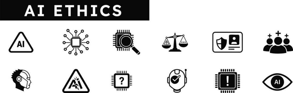 Black and white icons representing ai ethics concepts including privacy security and data protection