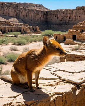 A  dhole  rat genetic hybrid experiment ai-generated, fictional species in a desert oasis ruins