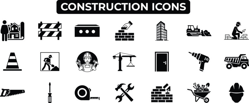 Construction icons set including tools vehicles and buildings on white background