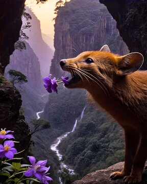 A  dhole rat genetic hybrid experiment ai-generated, fictional species  in a cursed rune canyon eating purple flowers