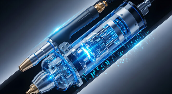 A futuristic mechanical pen with glowing blue lines and gold tips lies on a surface with a subtle gradient background.