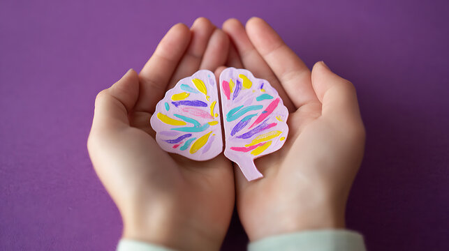 Child's Hands Hold Colorful Paper Brain Protecting Health Care Idea Representing Mental Wellness and Creative Thought Process