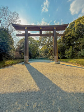 Traditional Torii Gate at Meiji Shrine in Tokyo Japan