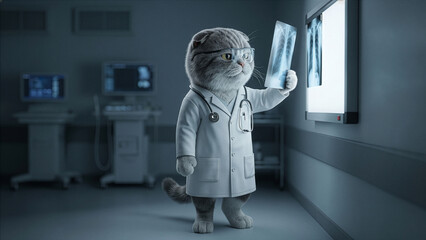 Fototapeta premium Scottish Fold Cat Dressed as Doctor in White Lab Coat Holding Chest X-Ray Up to Lightbox in Dark Hospital Room — Funny Anthropomorphic Medical Pet Digital Art