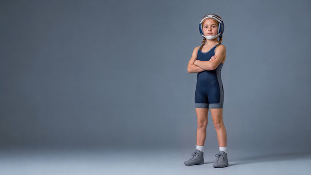 Young girl in a navy wrestling singlet and headgear stands with arms crossed against a gray studio backdrop with wide copy space.