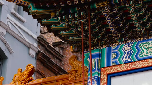 Gerrard Street, Soho, London Chinatown Gate Golden Tiled Roofs, Traditional Chinese Paifang (Ceremonial Archway), Qing Dynasty Chinese Revival Architecture