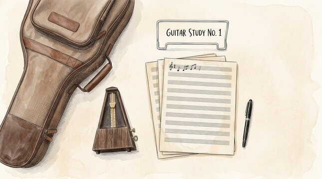 Hand drawn illustration of acoustic guitar case, metronome, handwritten music notes and pen arranged on soft background. Cozy music composition and songwriting concept.