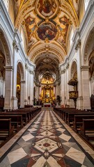 Obraz premium Interior perspective of a long, ornately decorated church hall, leading towards a brightly lit altar. The ceiling showcases detailed frescoes