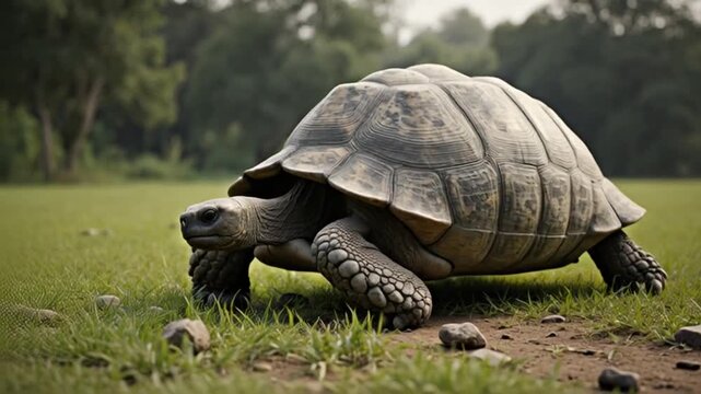 Giant Tortoise Walking Slowly on Grassy Field in Nature