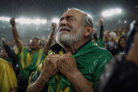Emotionaler &auml;lterer Fussballfan im Regen
Nahaufnahme eines &auml;lteren Fans, der im Regen seine Farben h&auml;lt und einen bewegenden Moment erlebt.