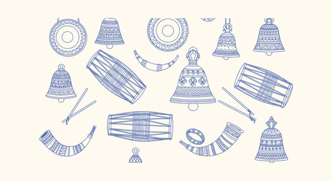 Traditional Indian music instruments and ritual bells hand drawn line art vector collection set