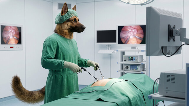 German Shepherd Dog Dressed as Surgeon Performing Laparoscopic Surgery in Modern Operating Room &mdash; Funny Anthropomorphic Medical Pet Digital Art