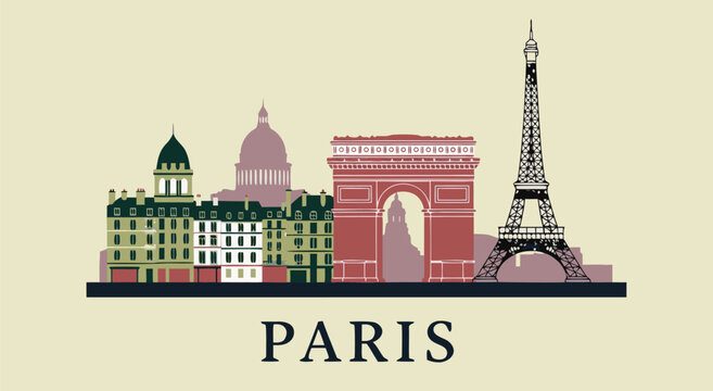 Vector illustration of famous Paris landmarks including Eiffel Tower and Arc de Triomphe in a travel scene