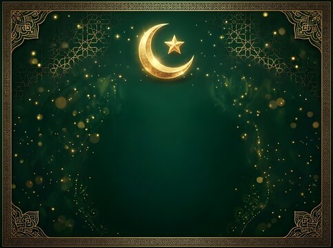 Golden crescent moon and star on a dark green background with intricate border and sparkling lights for ramadan or islamic celebrations