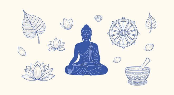 Blue Line Art Illustration of Buddha, Lotus Flower, Dharma Wheel, Singing Bowl, and Bodhi Tree Leaf