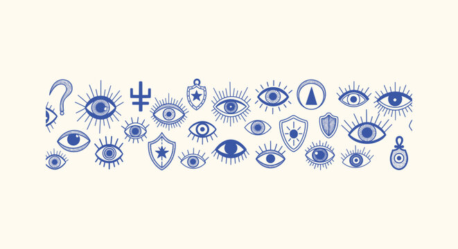 Hand-drawn Blue Mystic Evil Eye Symbols and Protective Talismans on a Cream Background Banner Art