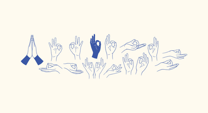 Yoga Mudra Hand Gestures Collection for Meditation and Mindfulness Minimalist Line Art Illustrations