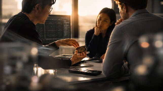 Diverse engineering team reviewing electronic circuit board prototype with schematic on monitor in modern office at sunset
