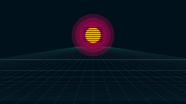Retro synthwave sun over digital wireframe landscape, 80s aesthetic neon sunset background, futuristic grid horizon with glowing pink aura