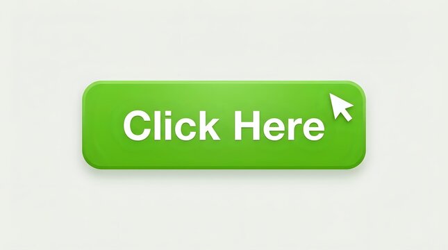 Green click here button with white cursor arrow, rounded corners and shadow effect on light background, for web design and UI.