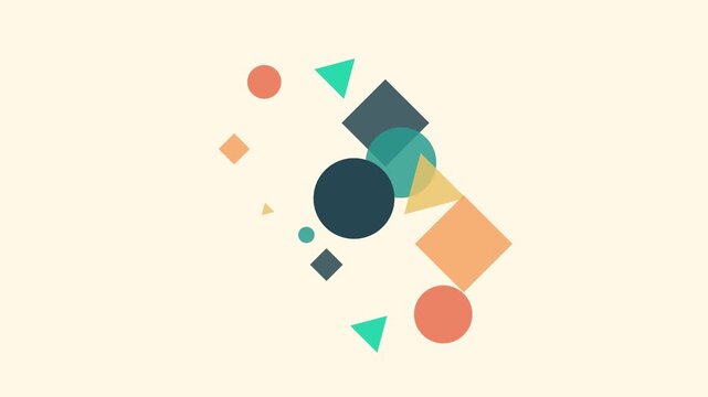 Minimalist geometric motion background, abstract floating shapes in retro pastel colors, simple flat design animation for corporate presentations