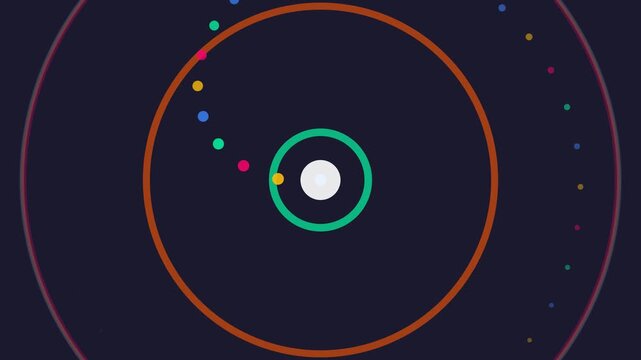 Minimalist solar system animation, flat design planetary orbits with colorful spheres, abstract space science motion graphics on dark background, Liquid color wave transition abstract motion graphic 