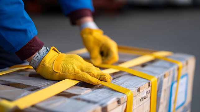 Industrial Worker Secures Wooden Crate with Yellow Straps, Emphasizing Logistics, Shipping, and Careful Handling in a Warehouse or Delivery Context