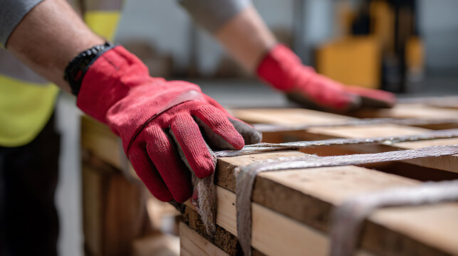 Close-up of a worker's gloved hands on a wooden crate in a warehouse, focus on safe handling and logistics operations