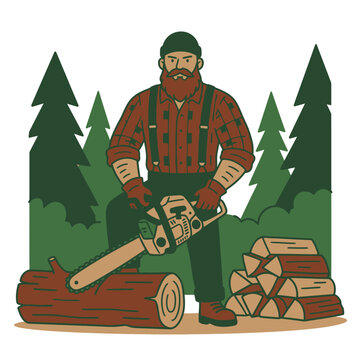 Lumberjack Cuts Wood with Chainsaw Outdoors