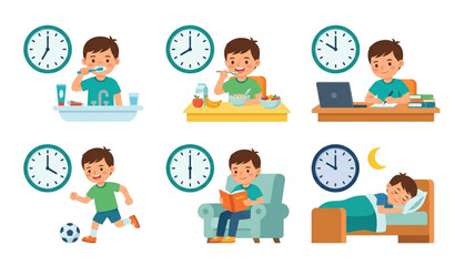 Boy daily routine vector set kids everyday activities with clocks and healthy habits