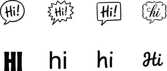 Hand drawn hi text and speech bubble collection isolated on white background, greeting typography illustration design set © Sarjina