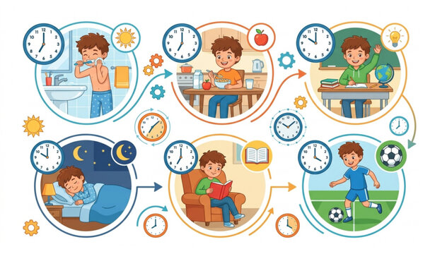 Children daily routine vector infographic with boy activities clocks and healthy habits
