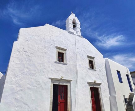 Exterior view of the Holy Church of Saints Constantine and Helen. The church is located in Chora, on the island of Mykonos, Greece.