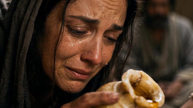 Jesus Anointed with Expensive Perfume by a Woman in a Sacred Moment of Devotion and Worship