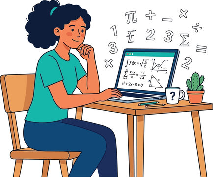 Student studies complex mathematics equations on a laptop in a cozy home office.