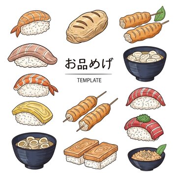 Sushi set featuring various nigiri and bowls is presented as a hand-drawn illustration for menu design.