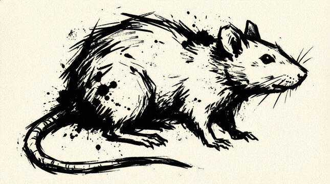 Grungy black ink sketch of a rat with expressive splatters and sharp lines on textured paper