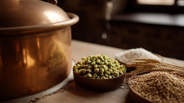 Rustic copper pot with brewing ingredients: fresh hops, malted barley, and wheat grains on a wooden table, capturing the essence of traditional craft beverage creation