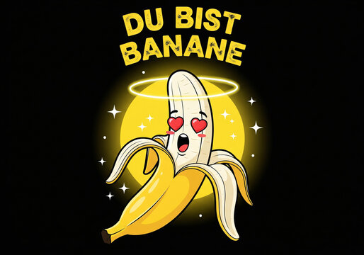 Playful cartoon banana with heart eyes and halo glowing in a vibrant night scene with stars