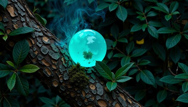 Mystical Glowing Orb Resting on Textured Branch in Lush Foliage